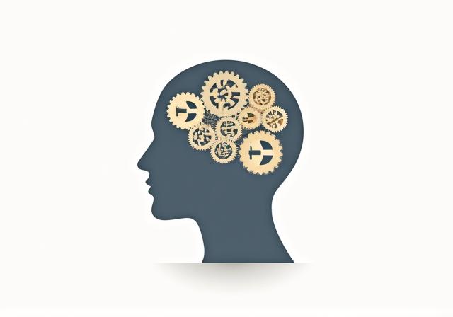 Testa umana stilizzata con ingranaggi e simboli monetari, indicando la psicologia del denaro e il mindset finanziario.